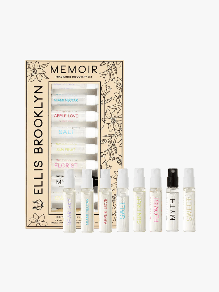Ellis Brooklyn Memoir Fragrance Discovery Set in branded bottle components on a light gray background