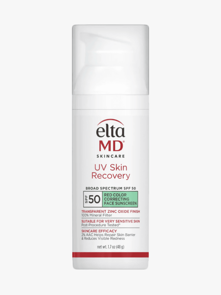 EltaMD UV Skin Recovery Red Color Correcting Green Tint in branded component on a light gray background