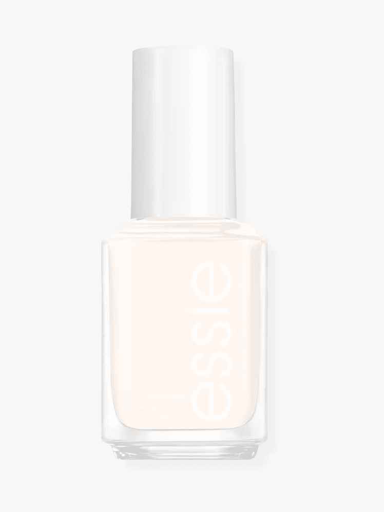 Essie nude nail polish bottle with white cap and white lettering on grey background