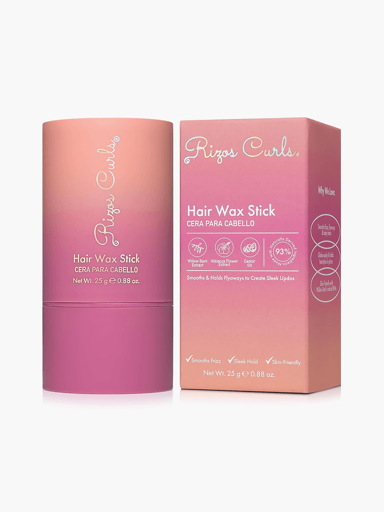 Hair Wax Stick in branded gradient pink and coral packaging on light gray background