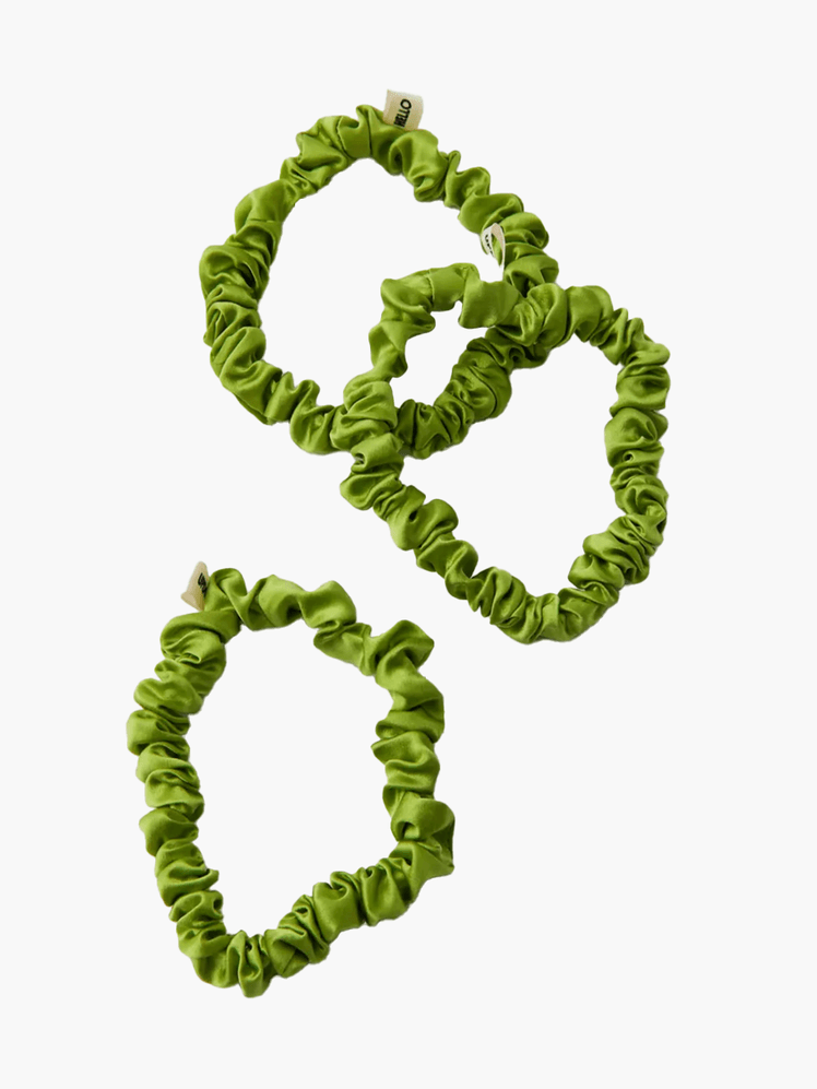 Hello Updo The Flora Silk Scrunchie Set in sage green color way on light gray background