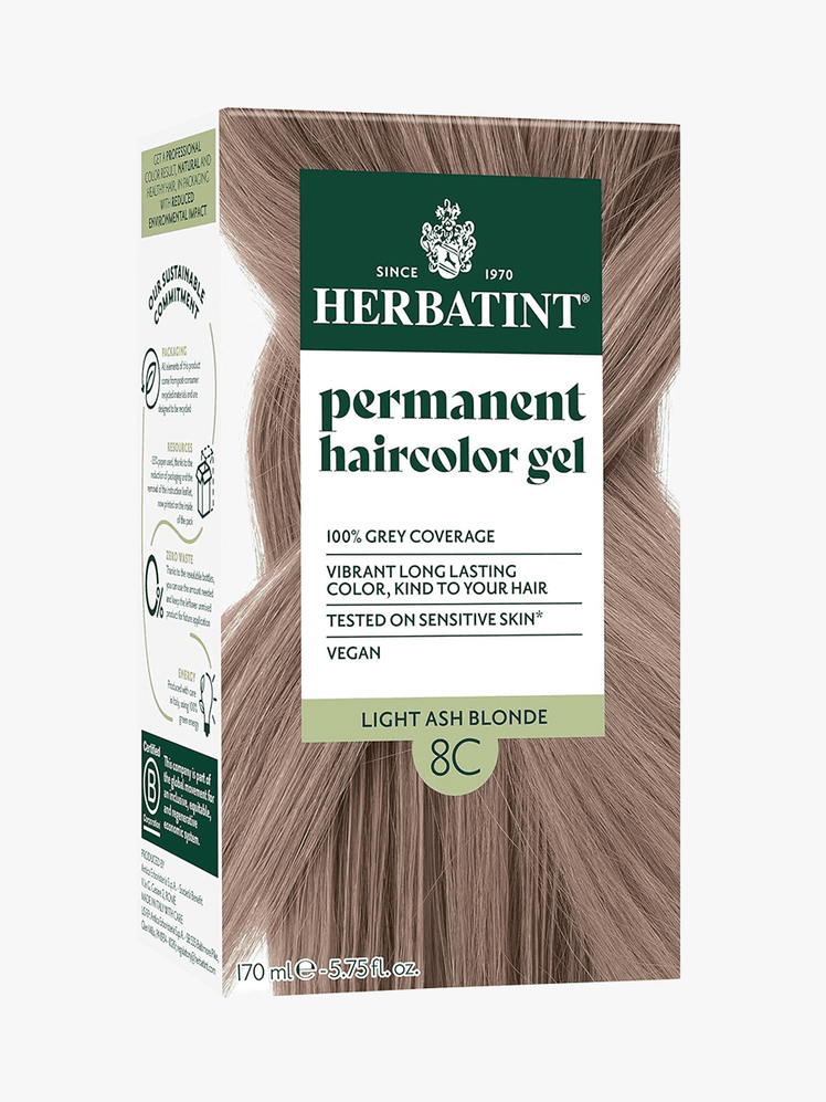 Herbatint permanent haircolor gel in a white and green box on a grey background