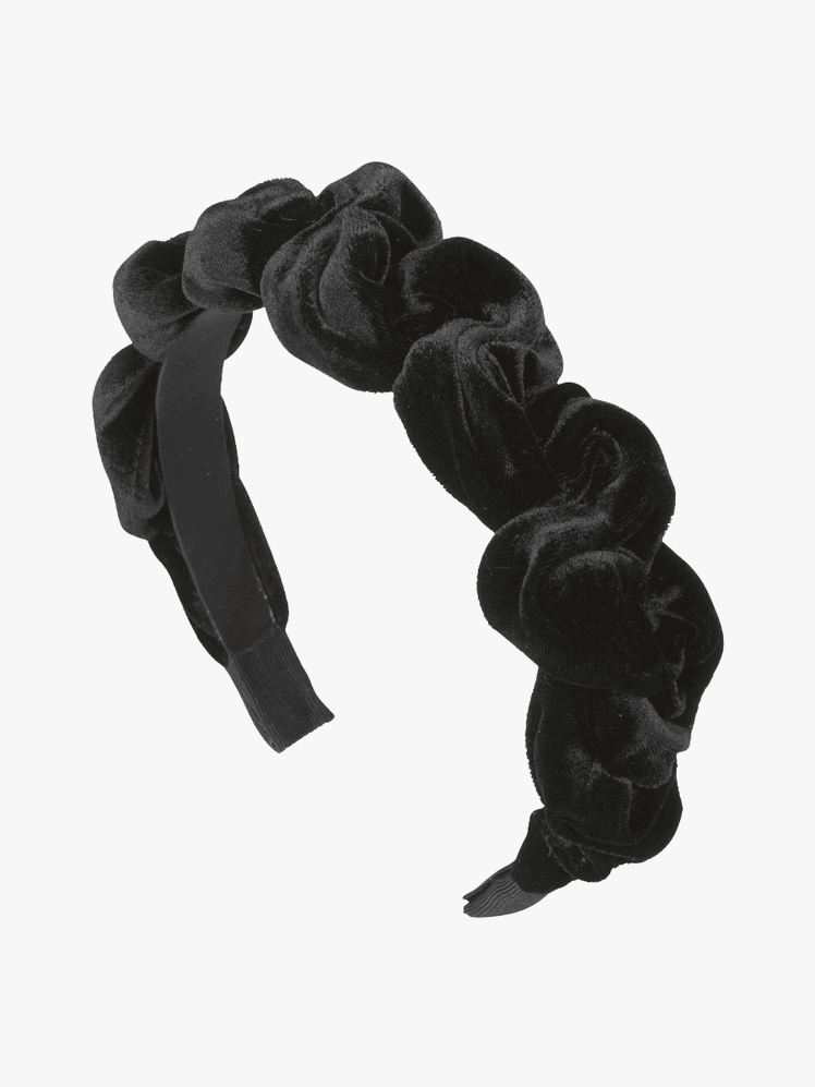 Jennifer Behr Lia Headband in Velvet in black variant on a light gray background