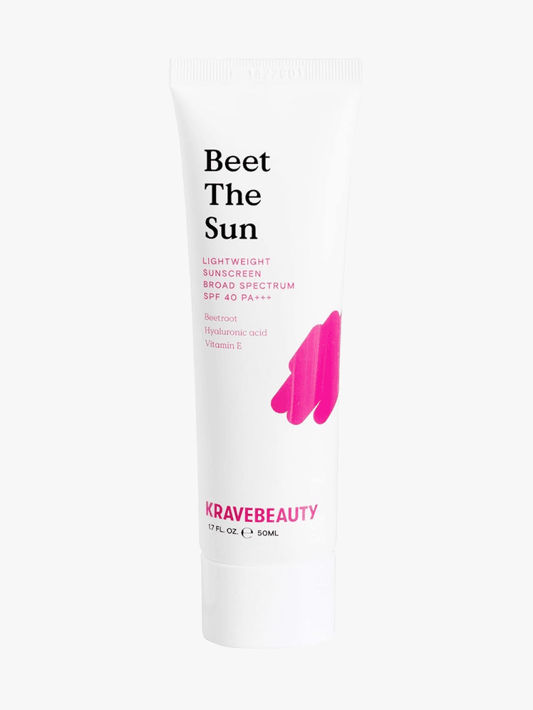 KraveBeauty Beet the Sun SPF 40 in branded tube component with pink accents on a light gray background