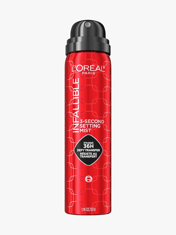 L'Oreal Infalliable Setting Spray in branded red spray component with black cap on a light gray background