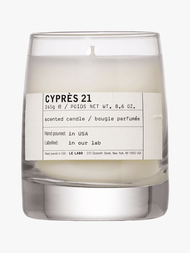 Le Labo Cyprs 21 Classic Candle in branded component on a light gray background