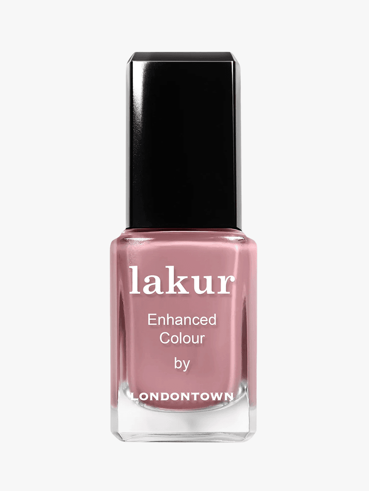 Londontown Lakur pink nail polish in a clear bottle with a black cap and white lettering on a grey background