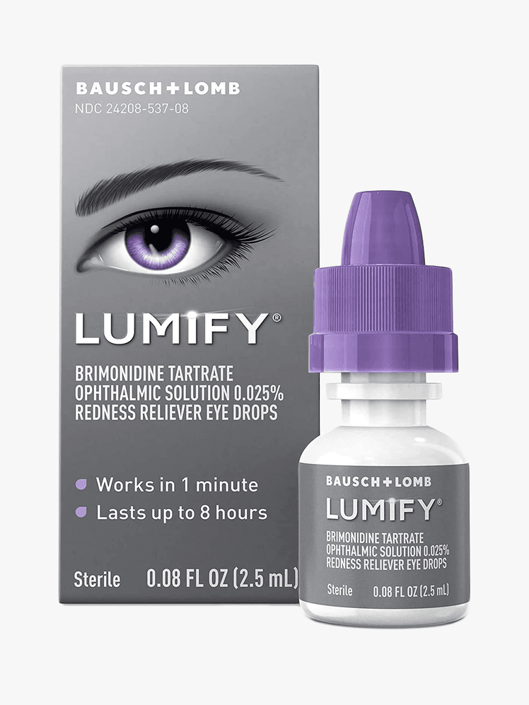 Lumify Redness Reliever Eye Drops in branded white bottle with purple cap next to branded box packaging on light gray...