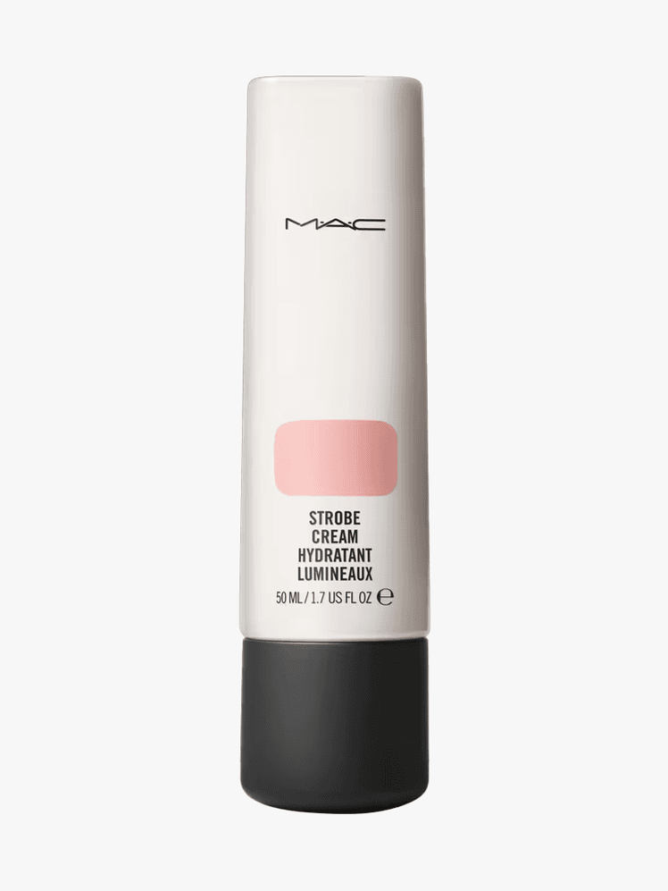 MAC Strobe cream in branded white component with black accents and black cap on a light gray background