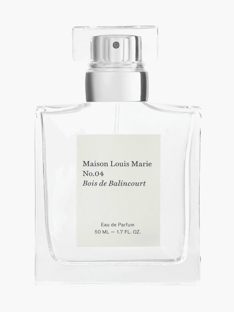 Maison Louis Marie Eau de Parfum No.04 Bois de Balincourt in branded clear bottle with spray cap on light gray background