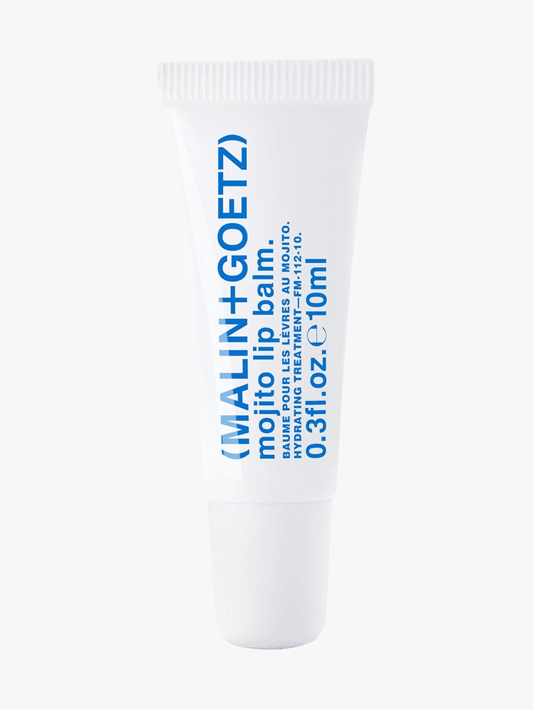 Malin  Goetz Mojito Lip Balm in branded component on a light gray background