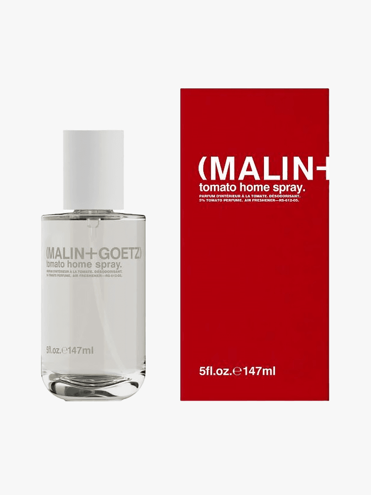Malin  Goetz Tomato Home Spray in red branded component on a light gray background
