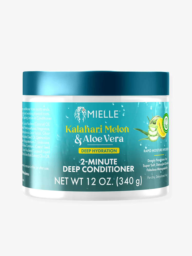 Mielle Kalahari Melon & Aloe Vera 2-Minute Deep Conditioner in teal packaging on a grey background
