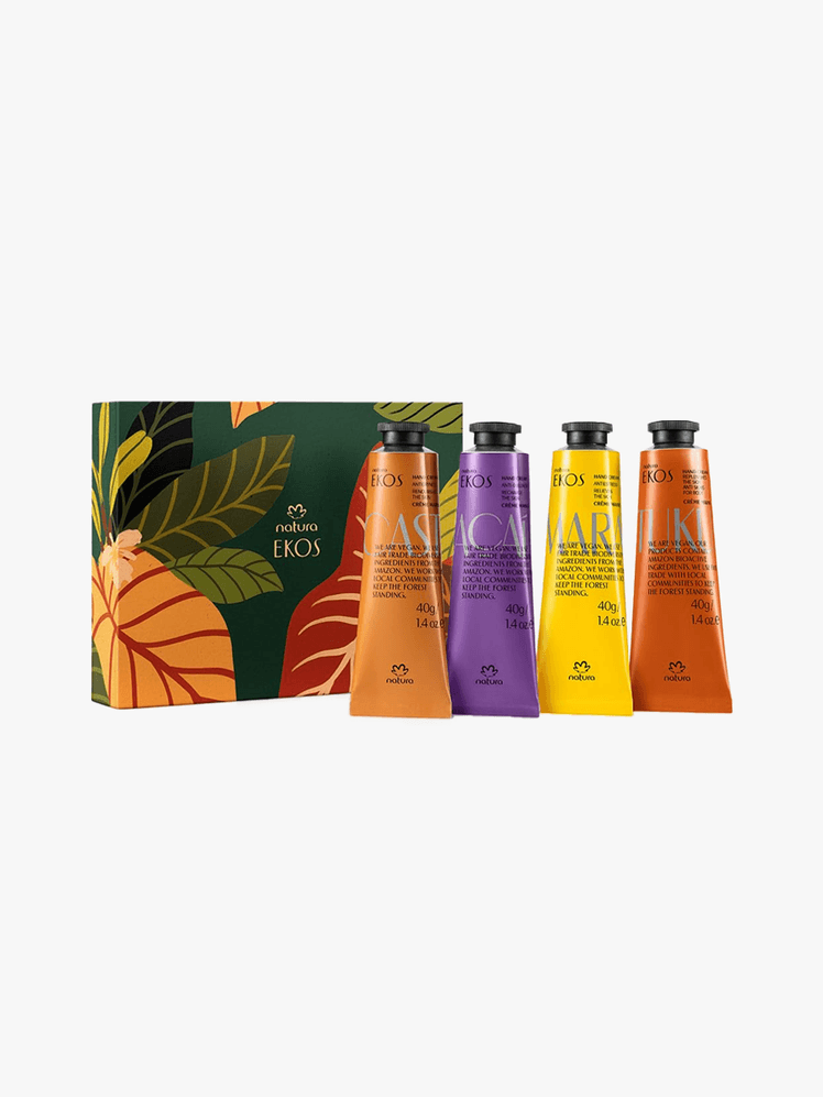 Natura Ekos Hand Cream Quartet in multiple branded tube components on a light gray background