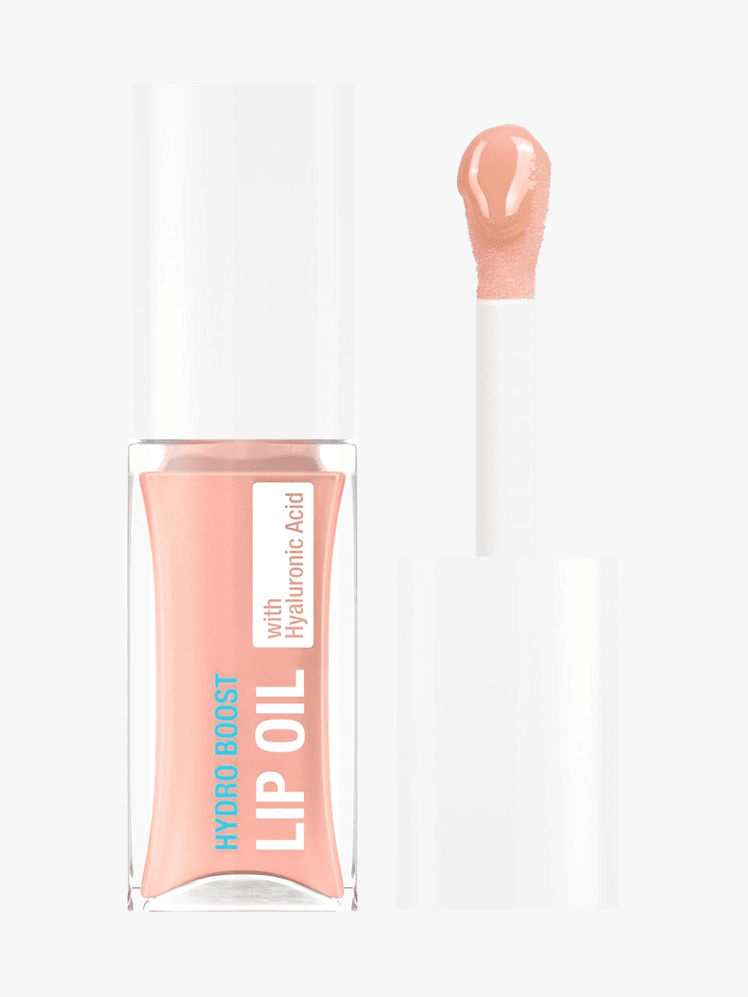 Neutrogena Hydro Boost Lip Oil in branded twist up component with white accents and white cap on a light gray background