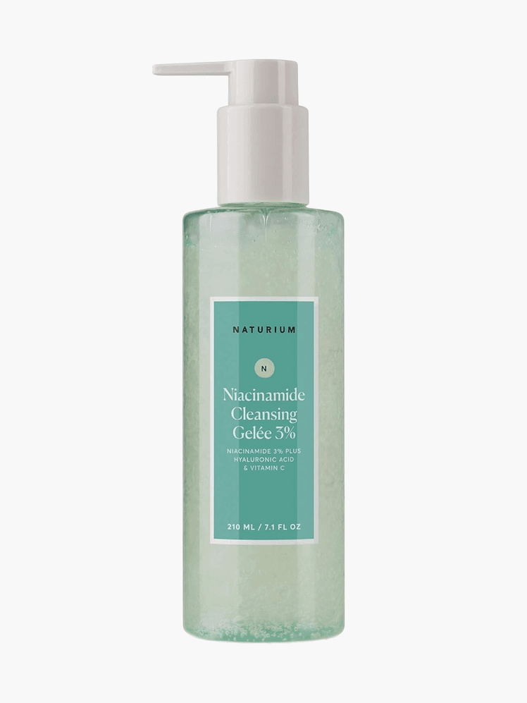 Niacinamide Cleansing Gel 3 in branded clear bottle with beige pump on light gray background