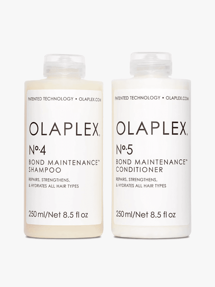 Olaplex No. 4 Bond Maintenance Shampoo  Conditioner on a light gray background