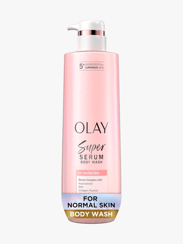 Olay Super Serum Body Wash in branded component on a light gray background
