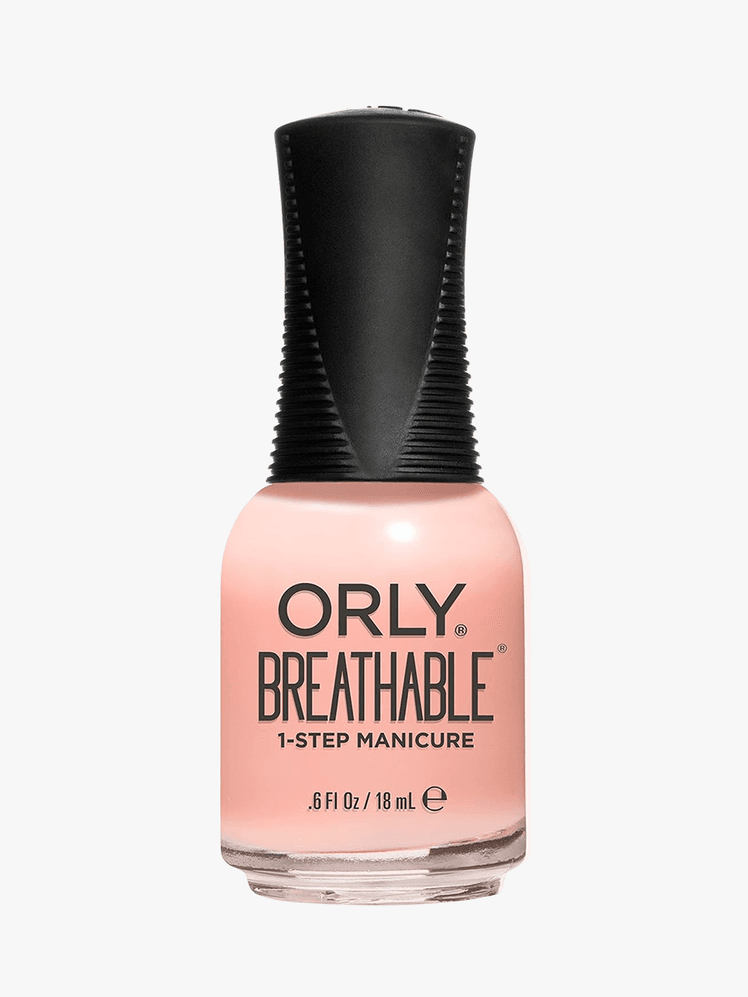 Orly breathable pink nail polish in a clear bottle with a black cap and black lettering on a grey background