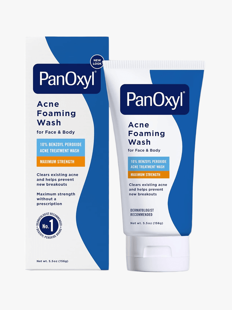 PanOxyl Foaming Wash Maximum Strength Deep Cleaning with 10 Benzoyl Peroxide in branded component on a light gray background