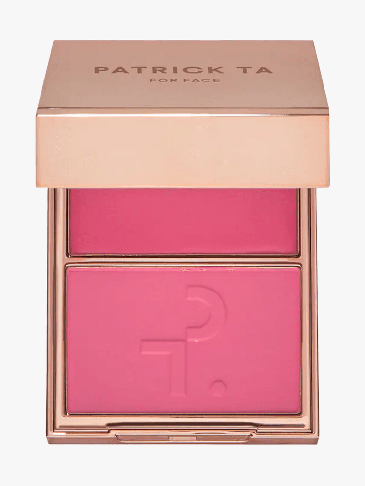 PATRICK TA Major Headlines DoubleTake Crème  Powder Blush Duo in a branded component on a light gray background