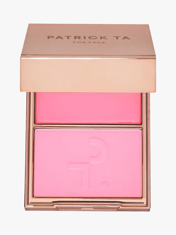 Patrick Ta Major Headlines DoubleTake Crème  Powder Blush Duo branded component in rose gold on light gray background