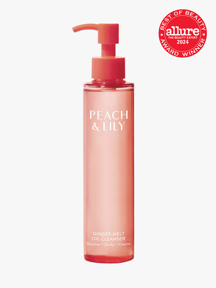 Peach  Lily Ginger Melt Oil Cleanser in branded component with best of beauty seal in the top right corner on a light...