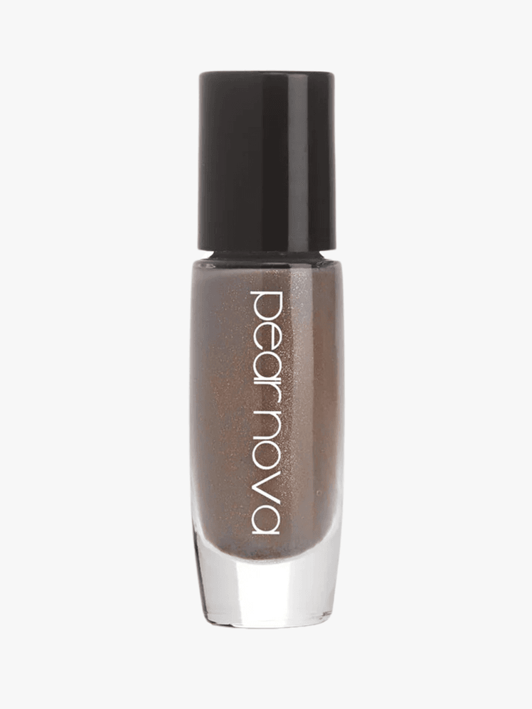 Pearnova brown nail polish in a clear long bottle with white lettering and black cap on a grey background