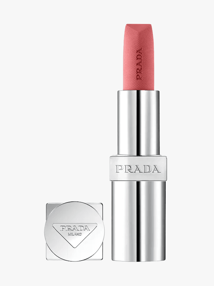 Prada Beauty Monochrome Soft Matte Refillable Lipstick branded twist up component on a light gray background