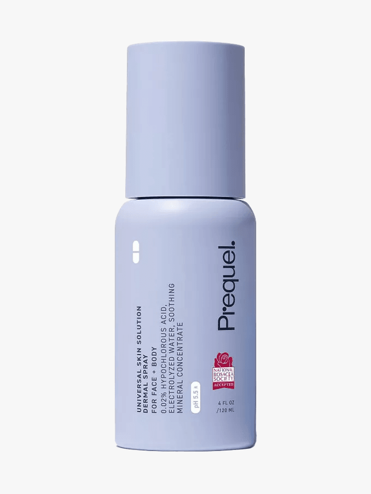 Prequel Universal Skin Solution Dermal Mist in branded bottle component on a light gray background