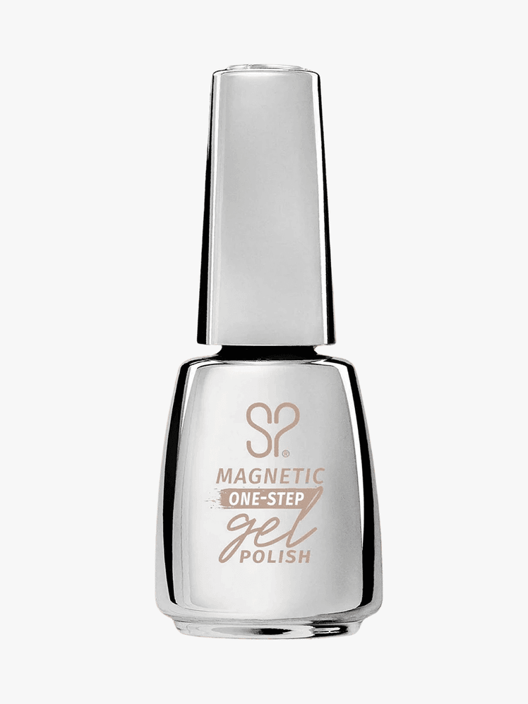 Sally Hansen nude gel nail polish in a metallic silver bottle with nude colored lettering on a grey background
