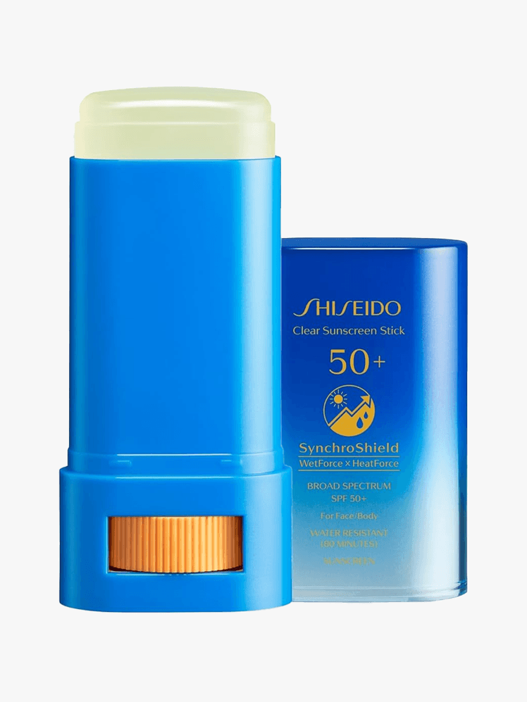 Shiseido Clear Sunscreen Stick SPF 50 in branded component on a light gray background