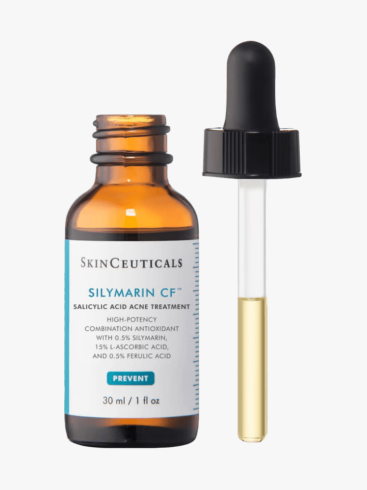SkinCeuticals Silymarin CF in branded dropper component on a light gray background