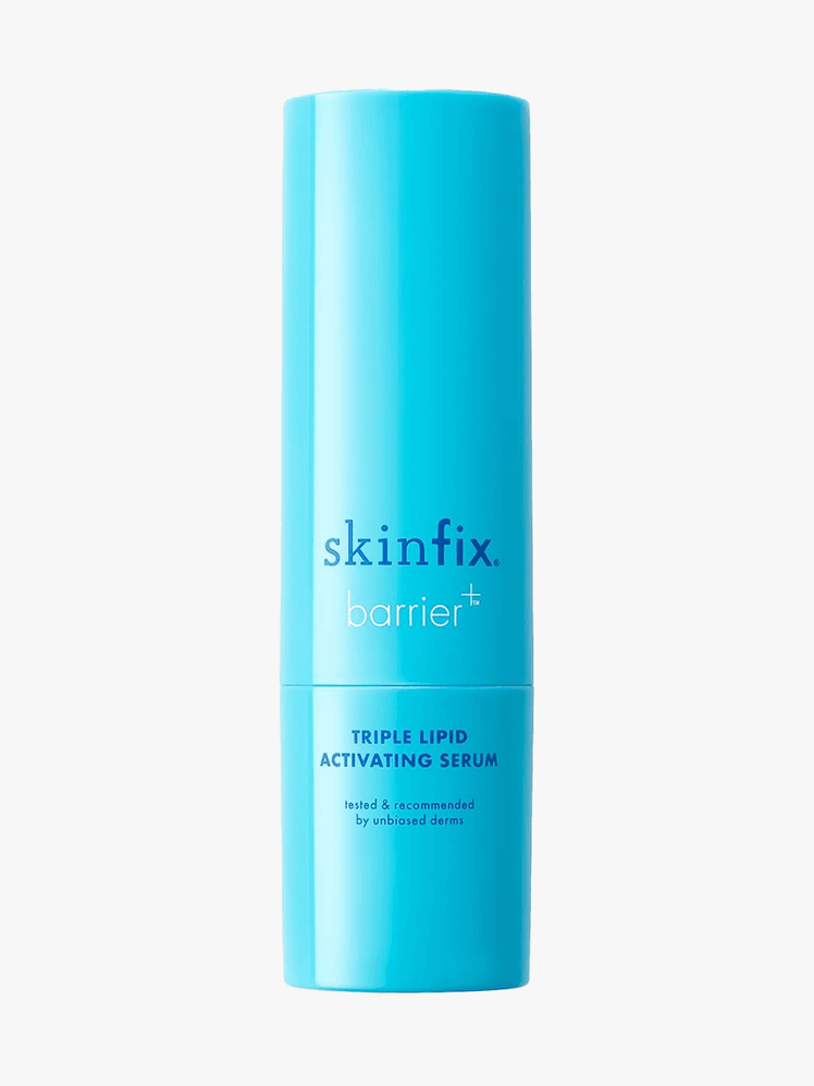 Skinfix Triple Lipid  Collagen Activating Serum in blue branded component with dark blue accents on a light gray background