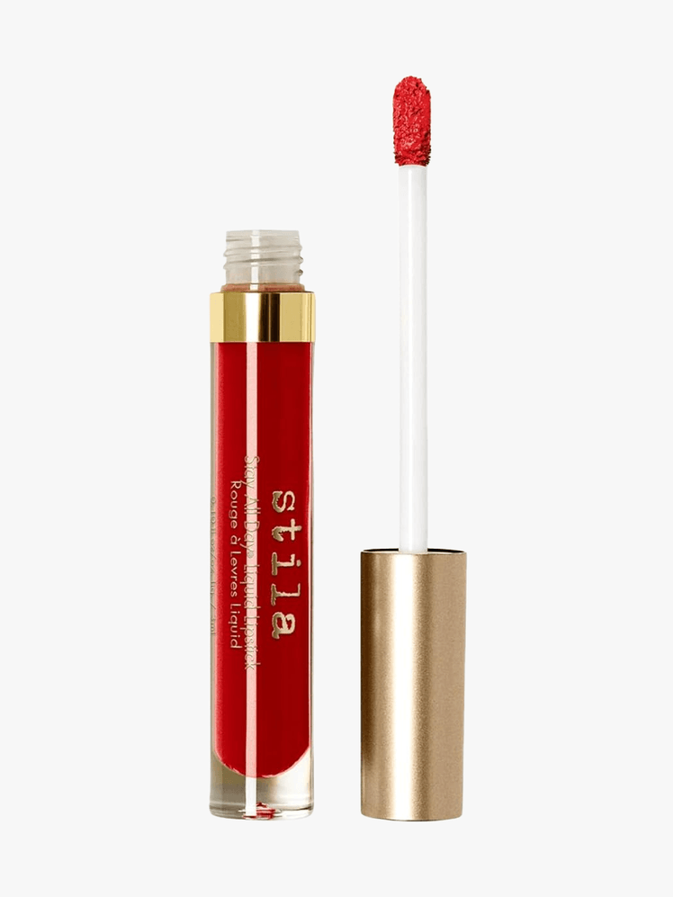 Stay All Day Liquid Lipstick in branded twist up component with gold accents on a light gray background