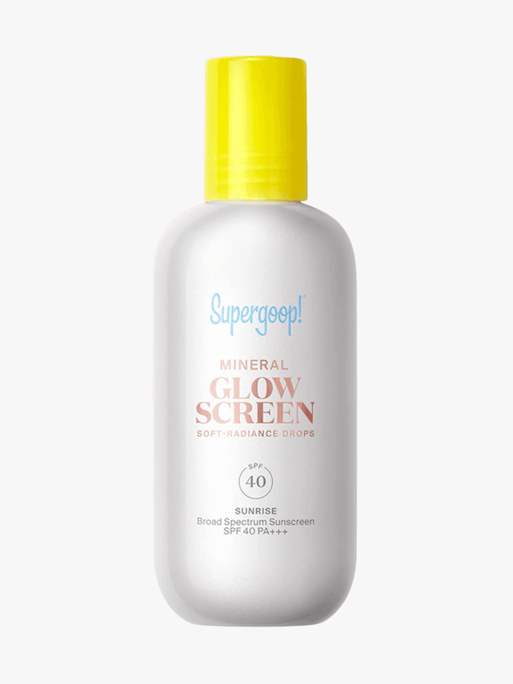 Supergoop Glowscreen SoftRadiance Drops Mineral SPF 40 in branded component on a light gray background