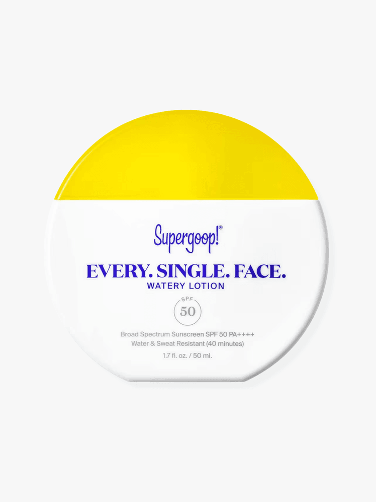 Supergoop Every Single Face Watery Lotion SPF 50 in round yellow and white bottle on a grey background