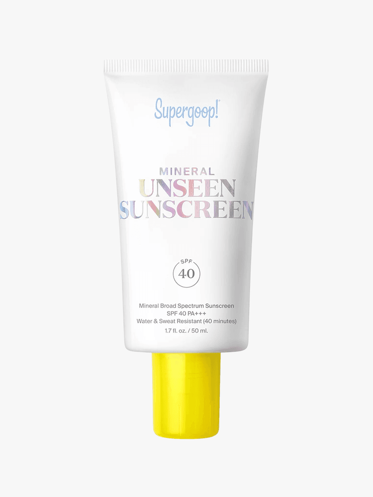 Supergoop Mineral Unseen Sunscreen SPF 40 bottle on grey background