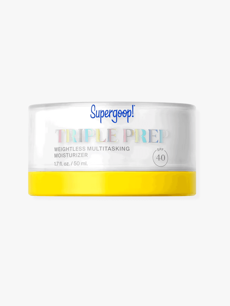Supergoop Triple Prep Weightless Multitasking Moisturizer SPF 40 in clear tub on a grey background