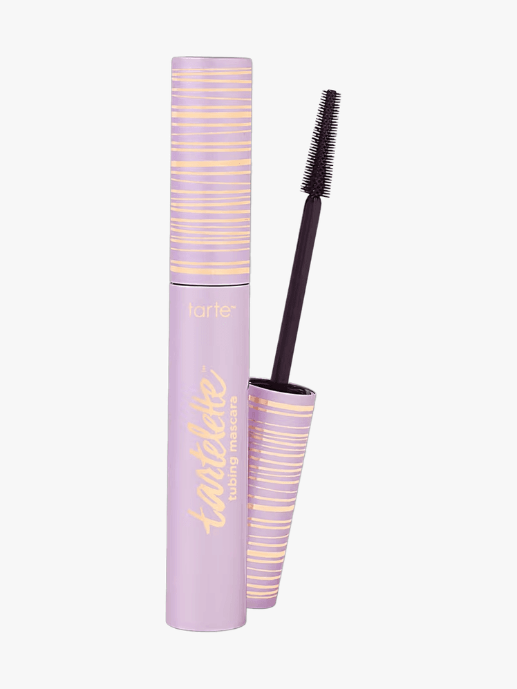 Tarte Tartelette Tubing Mascara in pink branded twist up component with gold accents on a light gray background