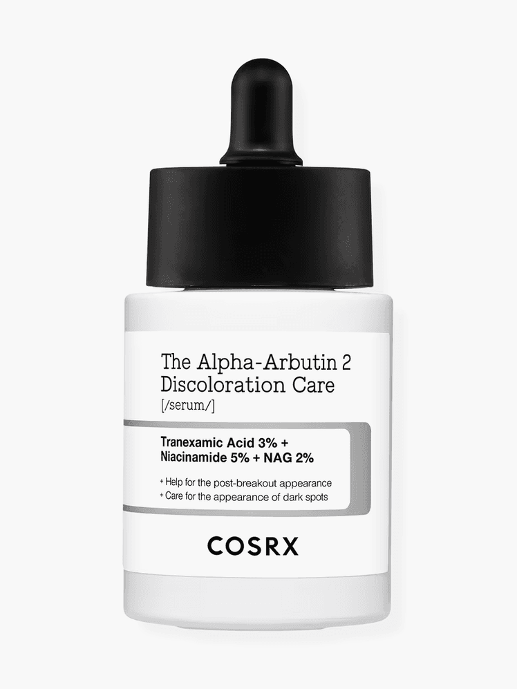 The AlphaArbutin 2 Discoloration Care Serum in branded white bottle with  black pipette applicator on light gray background