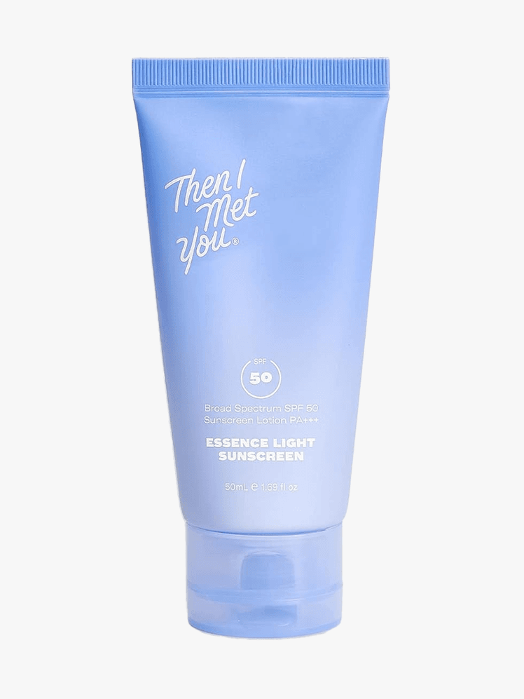 Then I Met You Essence Light Sunscreen SPF 50 in branded component on a light gray background