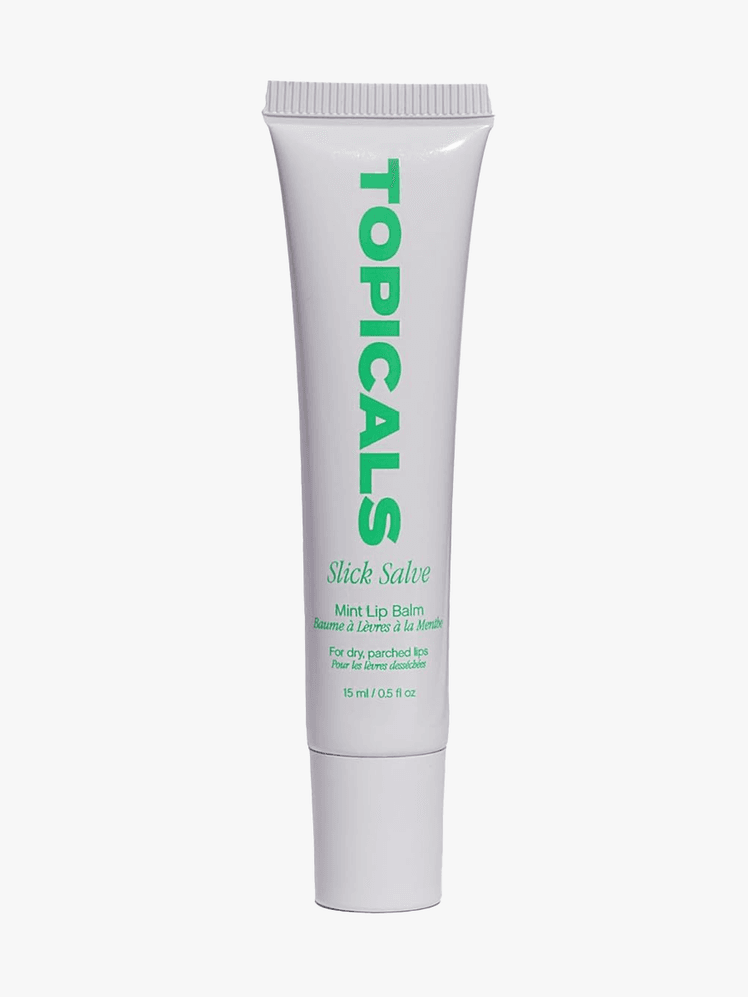 Topicals Slick Salve Glossy Lip Balm in branded white tube component with green accents on a light gray background