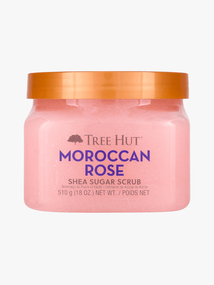 Tree Hut Moroccan Rose Sugar Scrub in branded tub component on a light gray background
