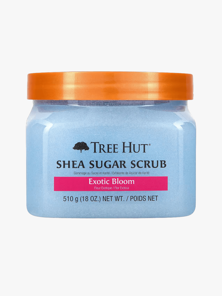 Treehut Body Scrub in Exotic Bloom in branded tub component with amber cap on a light gray background