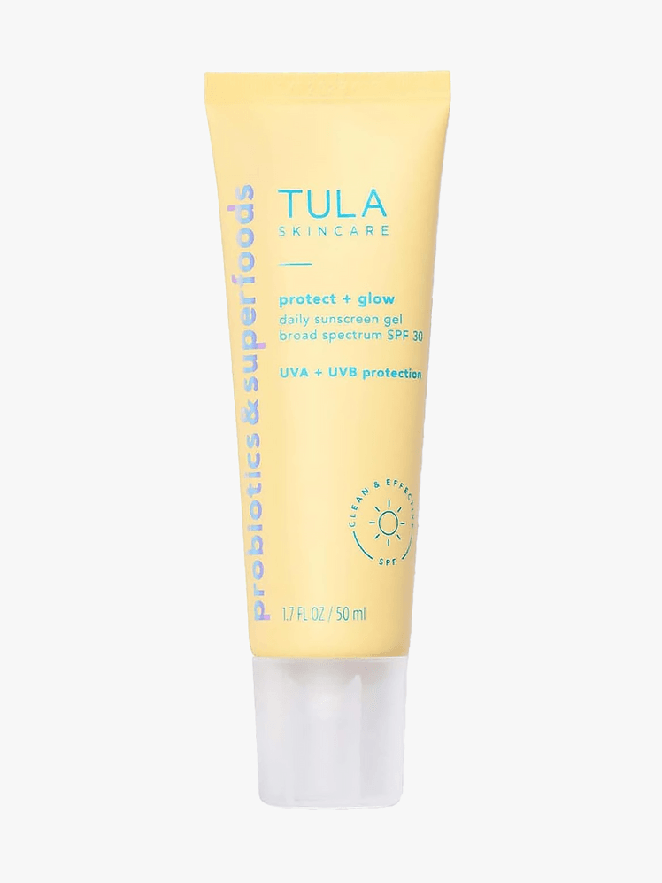 TULA Skincare Protect  Glow Daily Sunscreen Gel Broad Spectrum SPF 30 in yellow branded tube component with blue accents...