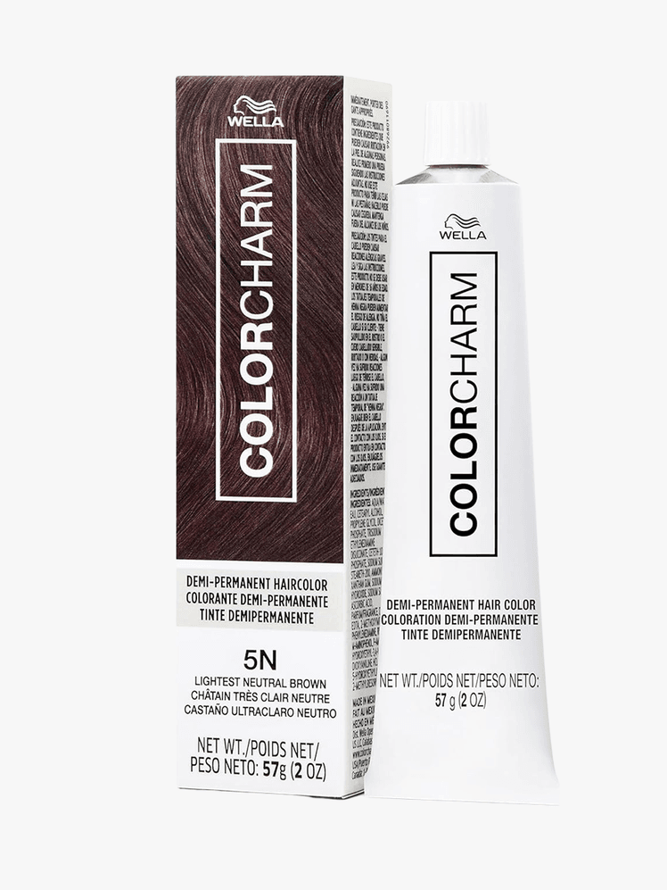 Wella ColorCharm hair dyeing kit with box and bottle on a grey background 