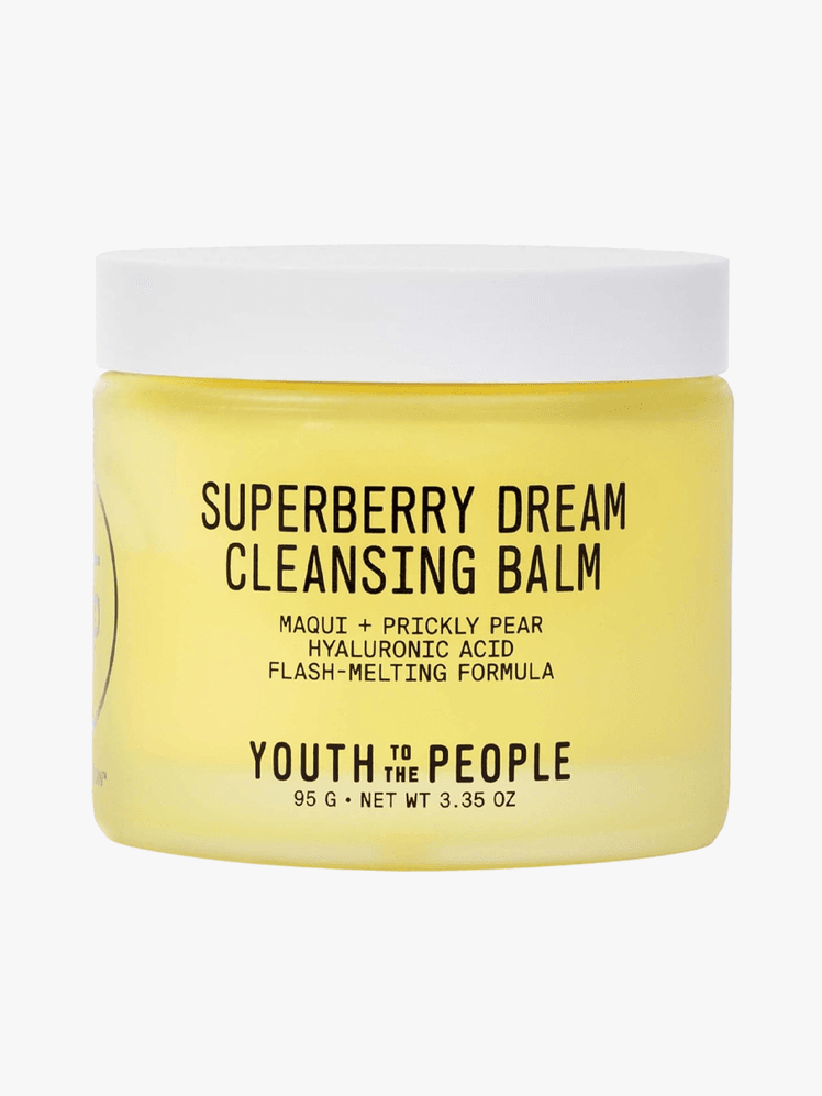 Youth to the People Superberry Dream Cleansing Balm in branded tub component with white cap on a light gray background