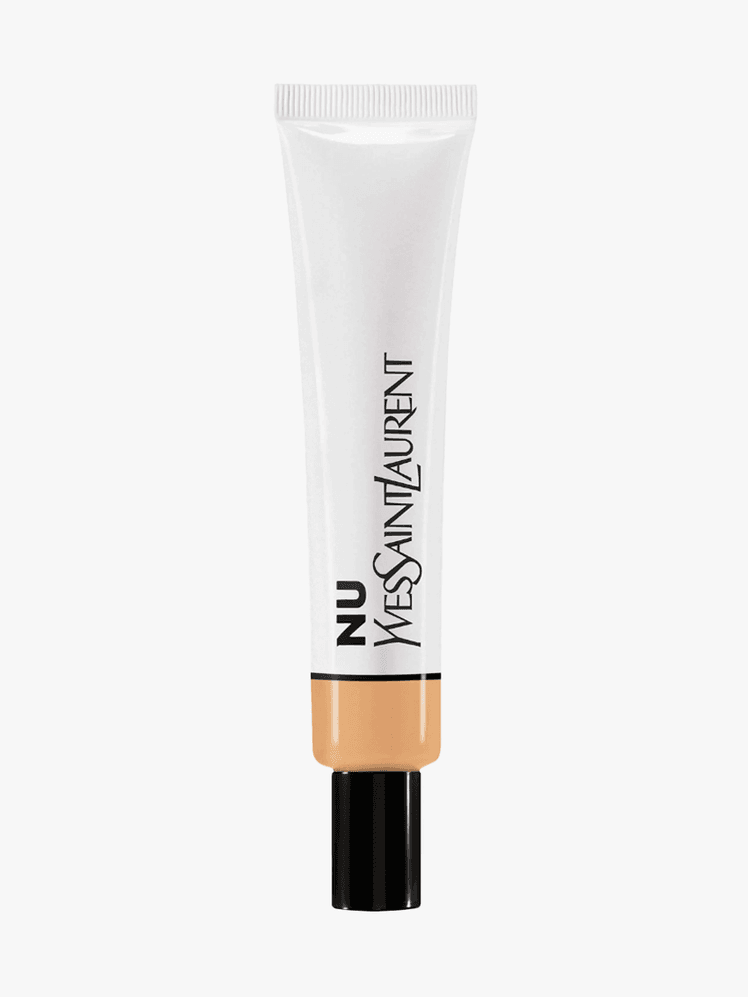 YSL NU Bare Look Tint Foundation in branded tube component with black cap on a light gray background