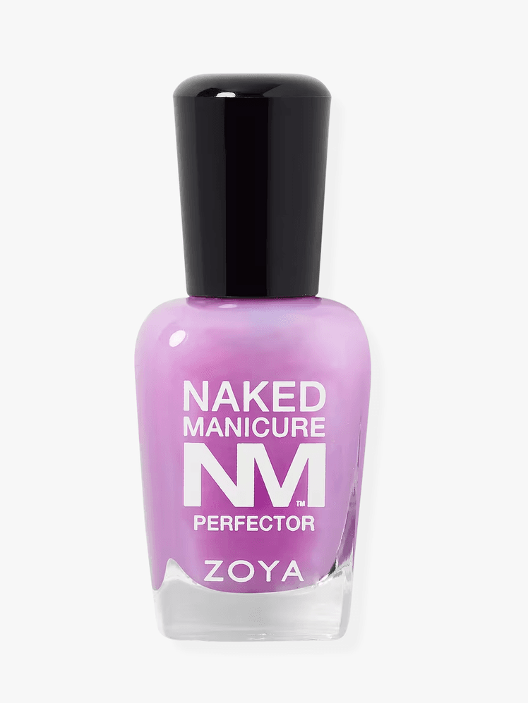 Zoya lavender-colored nail polish in clear bottle with black cap on a grey background